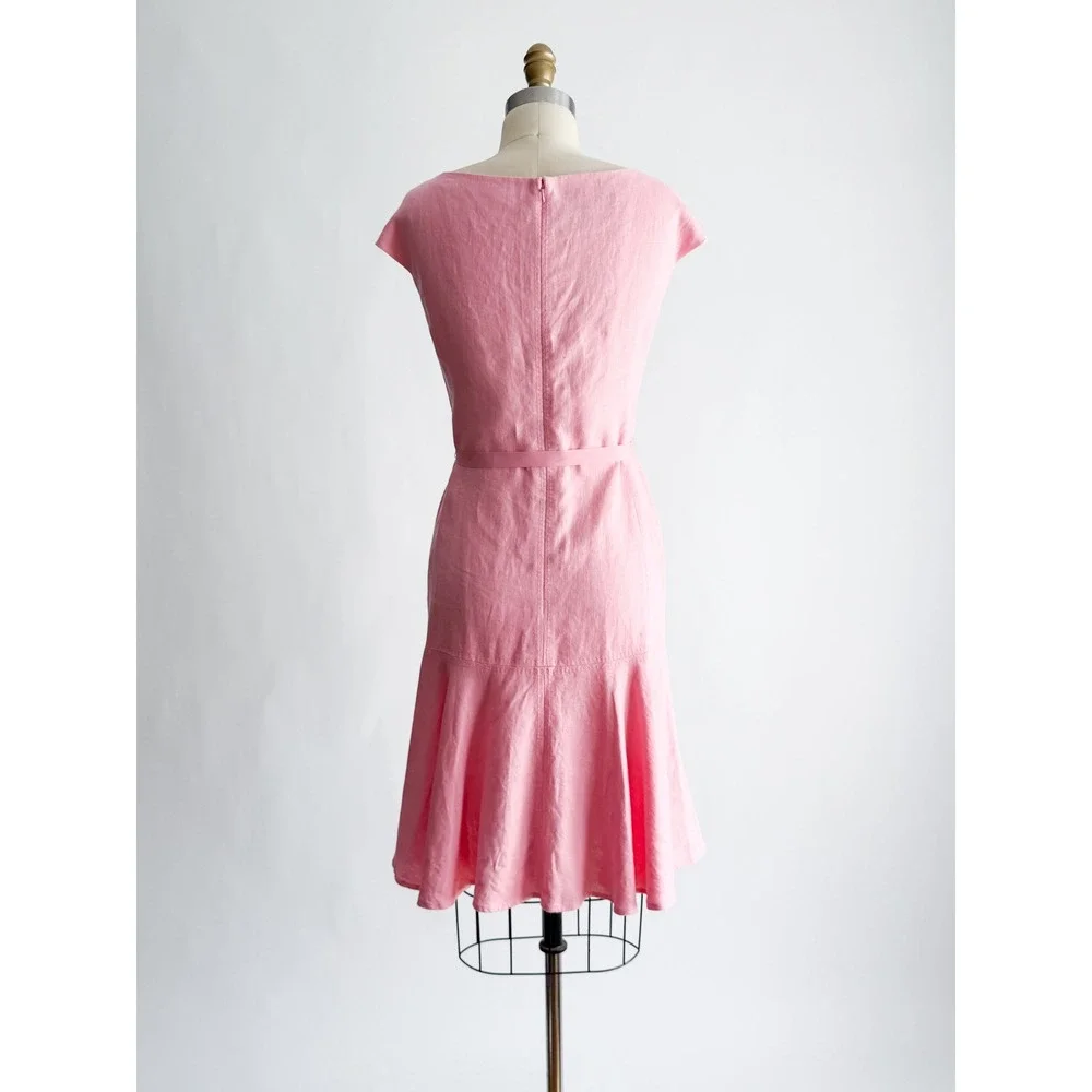 Anne Klein Linen Fit Flare Dress 8P Pink Ruffle Hem Cap Sleeve Ribbon Belt y2k
